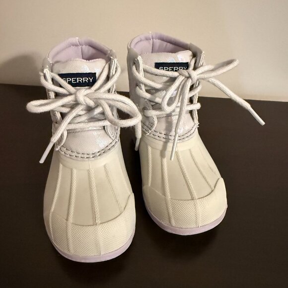Sperry Toddler Duck Boots Size 6 Gray White Iridescent Lace-Up Rain Boots - Picture 2 of 10